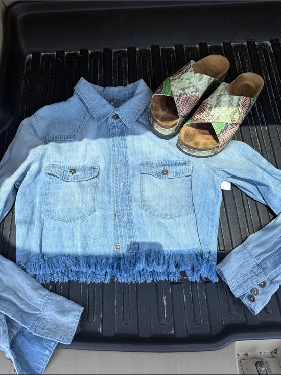 Free People Jackets & Blazers - Free People Light Blue Fringed Cropped Denim Jacket